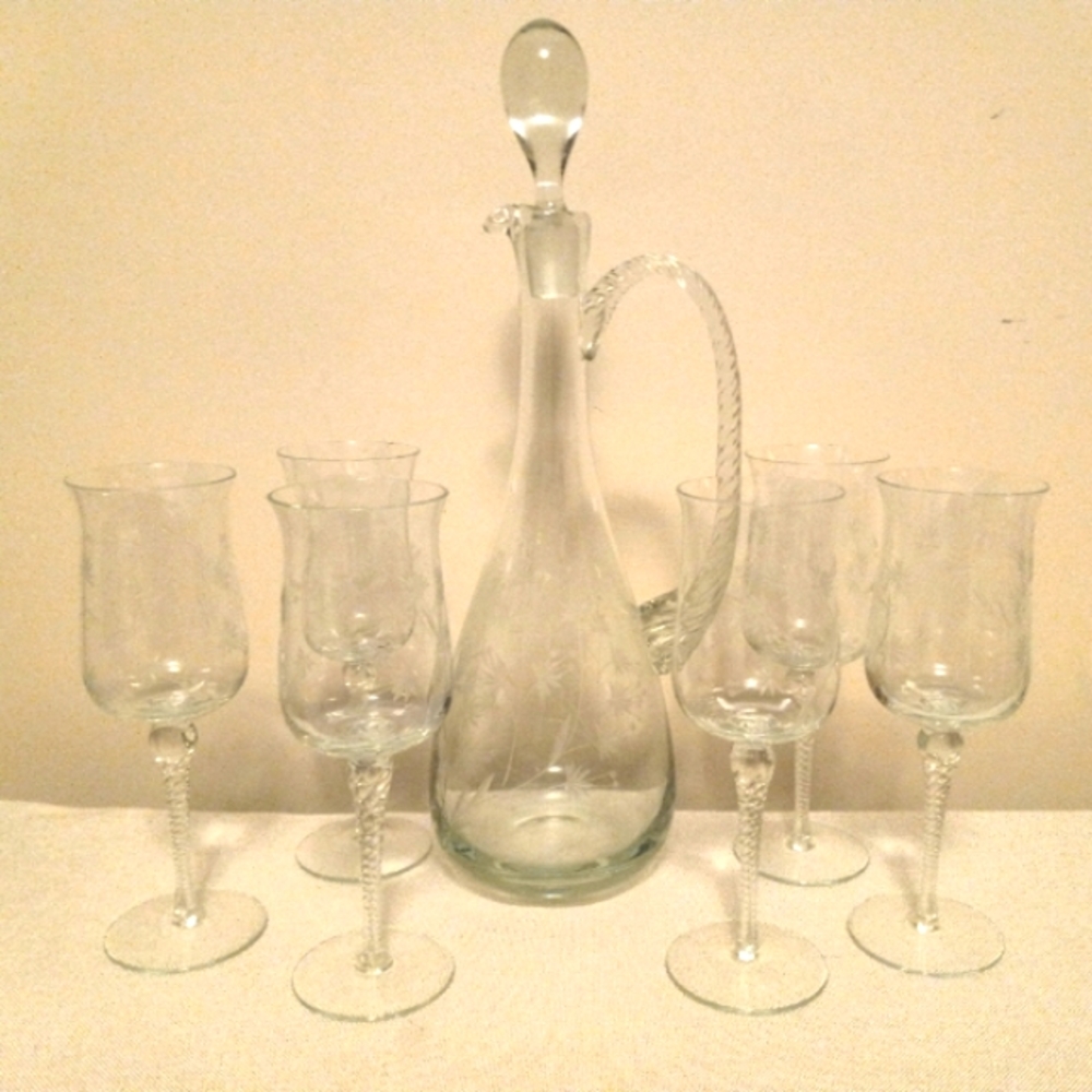 Vintage Romanian Etched Crystal Decantur with Stopper 6 Wine Glass Stemware Set